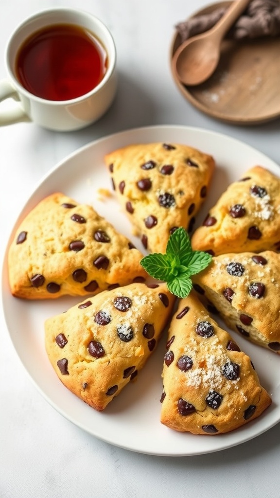 Decadent Chocolate Chip Scones for Mother Freshly baked chocolate chip scones on a plate, garnished with mint and powdered sugar, ready for Mother
